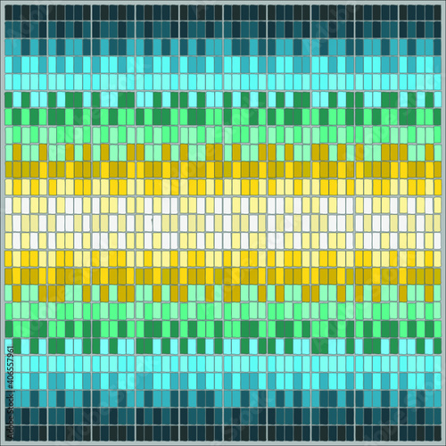 Abstract cartesian grid with a randomized blue-green-yellow color progression in the tiles