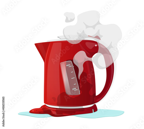 Broken Electric Kettle Isolated on White Background. Destroyed Appliance with Steam, Poured Water and Melted Plastic