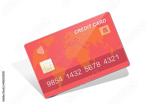 Kreditkarte rosa rot mit Schatten, Bargeldlos bezahlen, Vektor Illustration isoliert auf weißem Hintergrund 