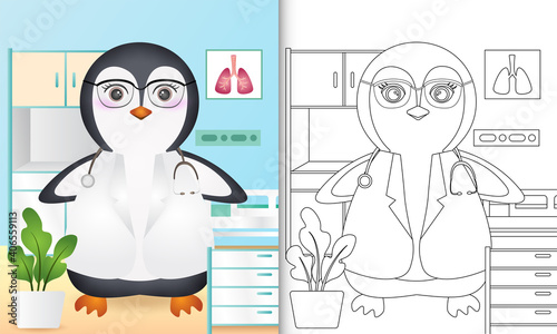 coloring book for kids with a cute penguin doctor character illustration