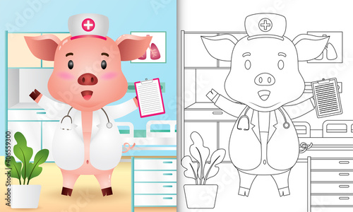 coloring book for kids with a cute pig nurse character illustration