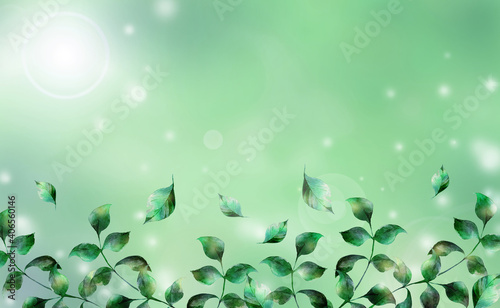 水彩の葉っぱのイラスト 緑背景