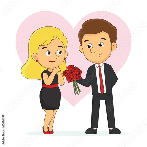 Young man with flowers rushing for a date with woman
