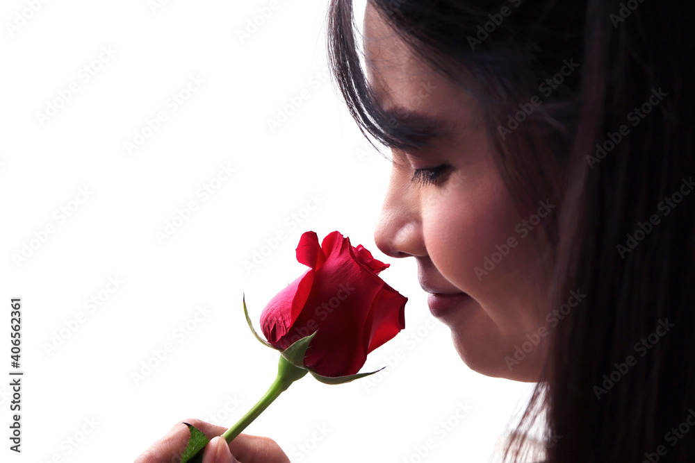 Beautiful woman with rose. Photo of happy woman. Valentines concept Beautiful woman with rose. Photo of happy woman. Valentines concept