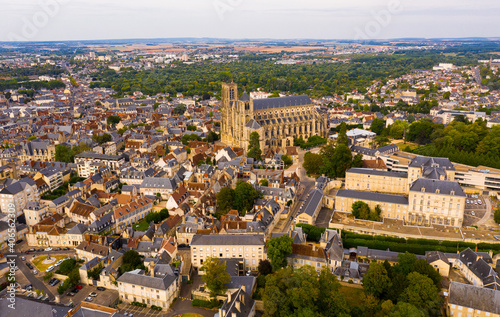 Aerial view of Bourges cityscape and cathedral of Saint Stephen in Cher department, France