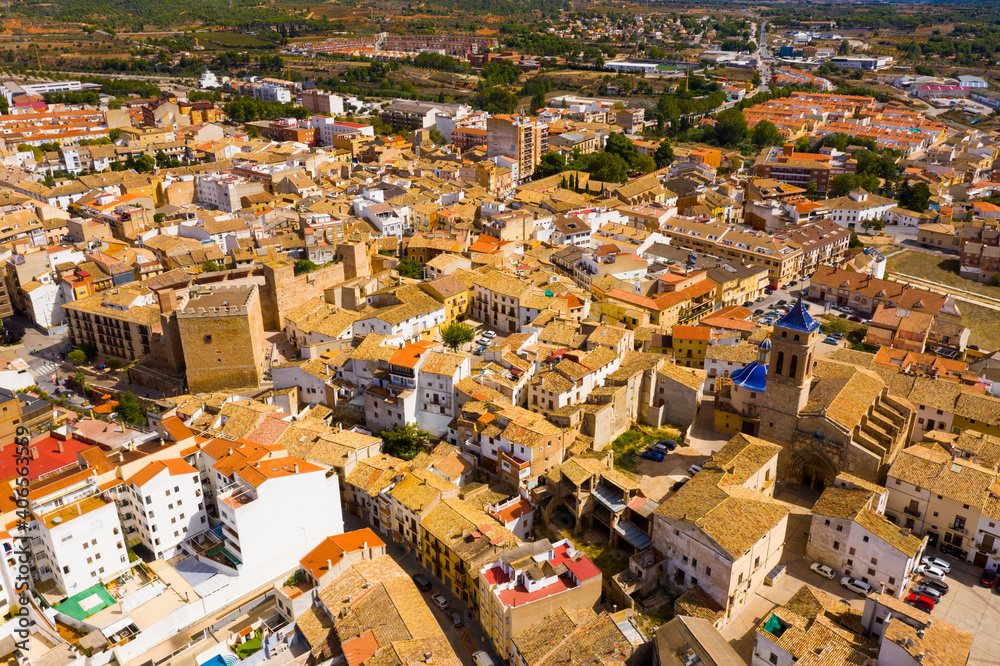View from drone of historical center of spanish city Requena, Valencia