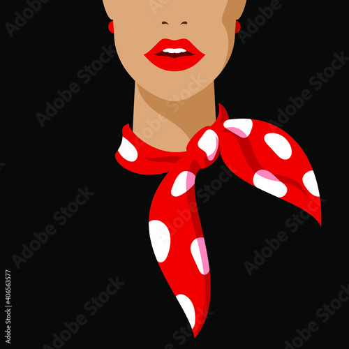 Trendy abstract background. The head of a woman with a red scarf around her neck. Pastel colorful pattern. Editable mask. Template for your design works. Vector illustration.