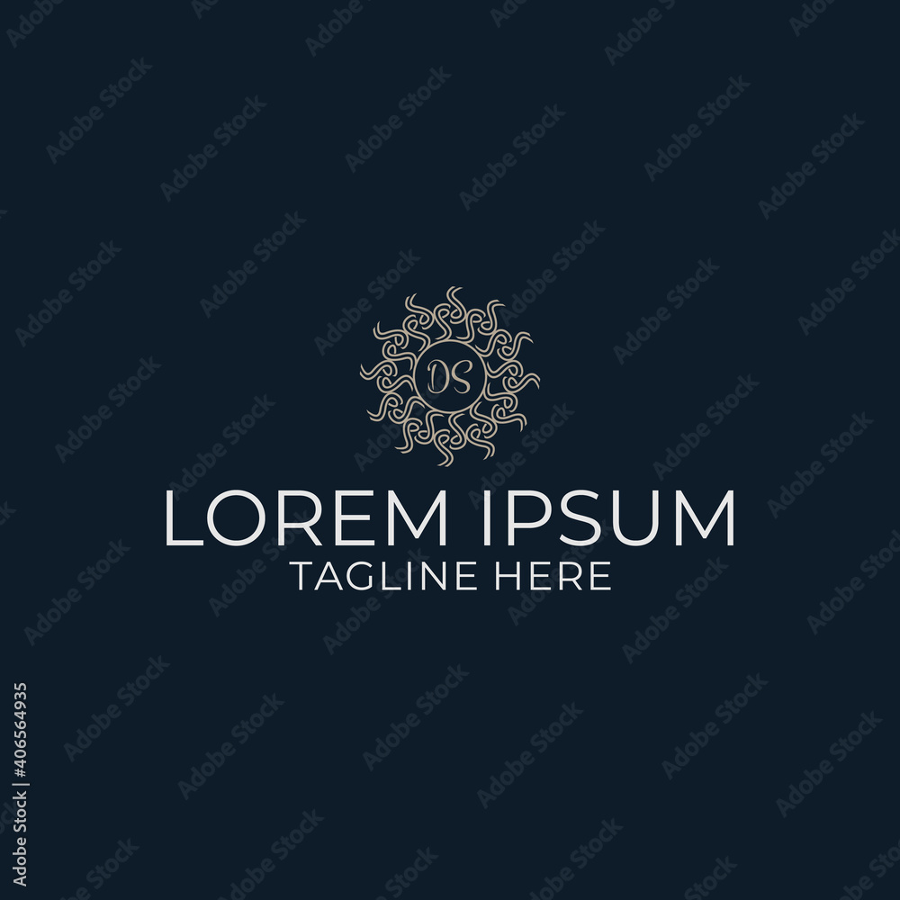 Circular decorative logo, and initials DS in the center.