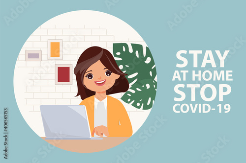 Young woman work from home and stay safe character. 