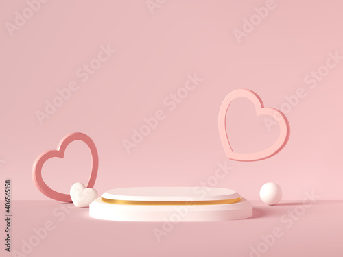 Minimal background, mock up with podium for product display,Abstract white geometry shape background minimalist Valentine's day pink background,Abstract mock up backgroundup 3D rendering.
 photo