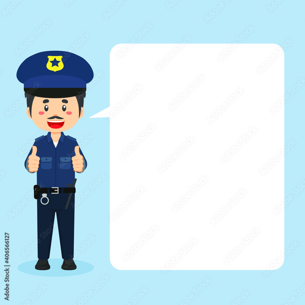 Police Character Making Thumb Up with Speech Bubbles