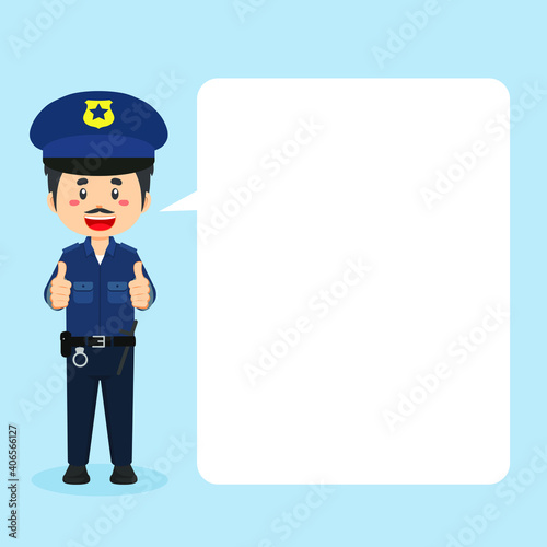 Police Character Making Thumb Up with Speech Bubbles