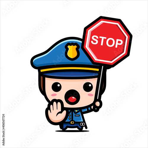 Cute cop character design holding stop sign