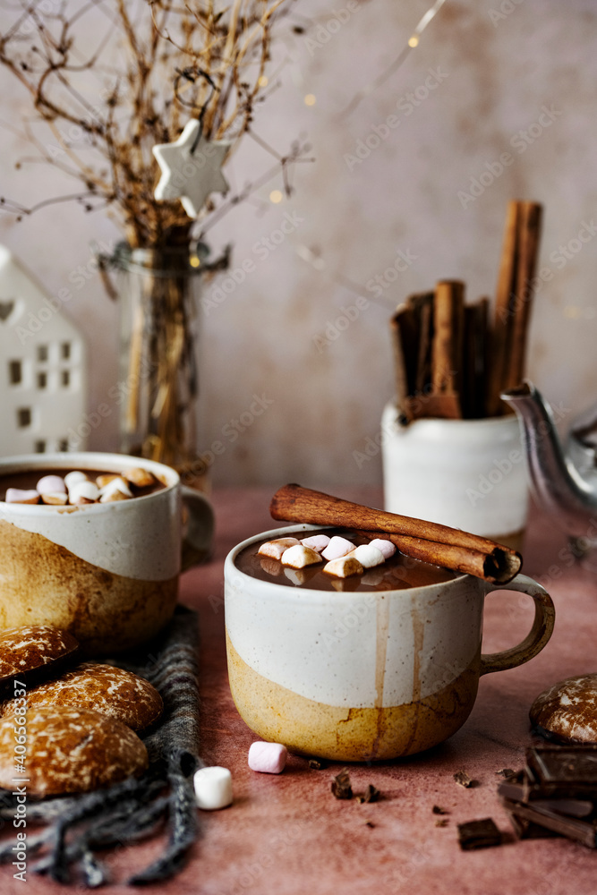 Warming hot chocolate with marshmallows in winter