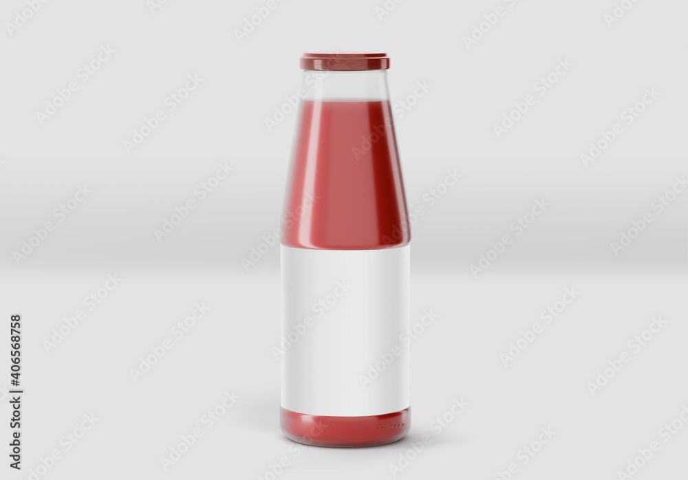 Juice Glass Bottle Mockup with white label, 3d Rendering on light background, Fresh juice package design