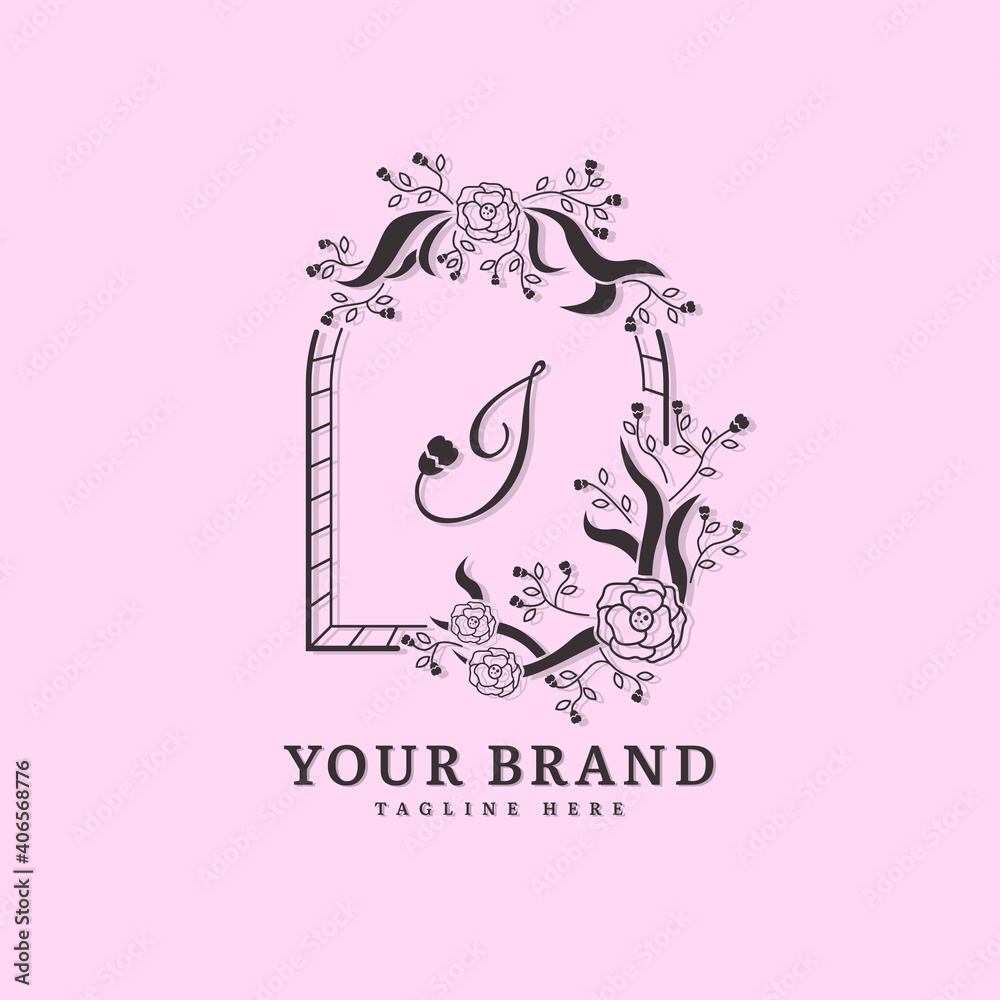 Initial letter J with natural logo vector concept element, letter J logo with floral ornament. Minimalist design logo.