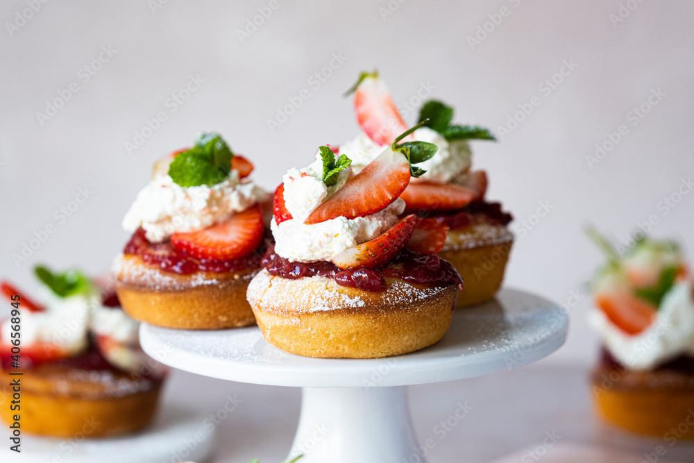 Cute mini strawberry shortcakes on a stand