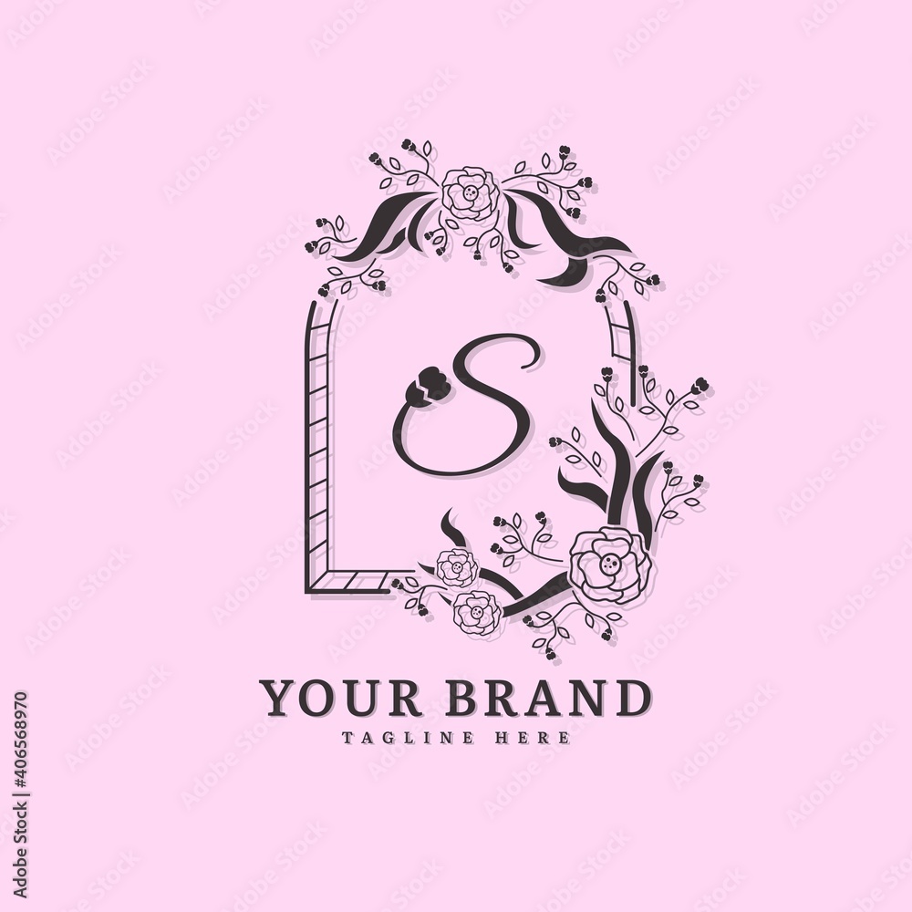 Initial letter S with natural logo vector concept element, letter S logo with floral ornament. Minimalist design logo.