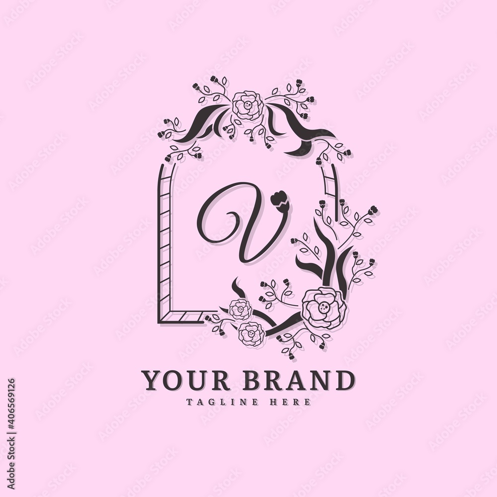 Initial letter V with natural logo vector concept element, letter V logo with floral ornament. Minimalist design logo.