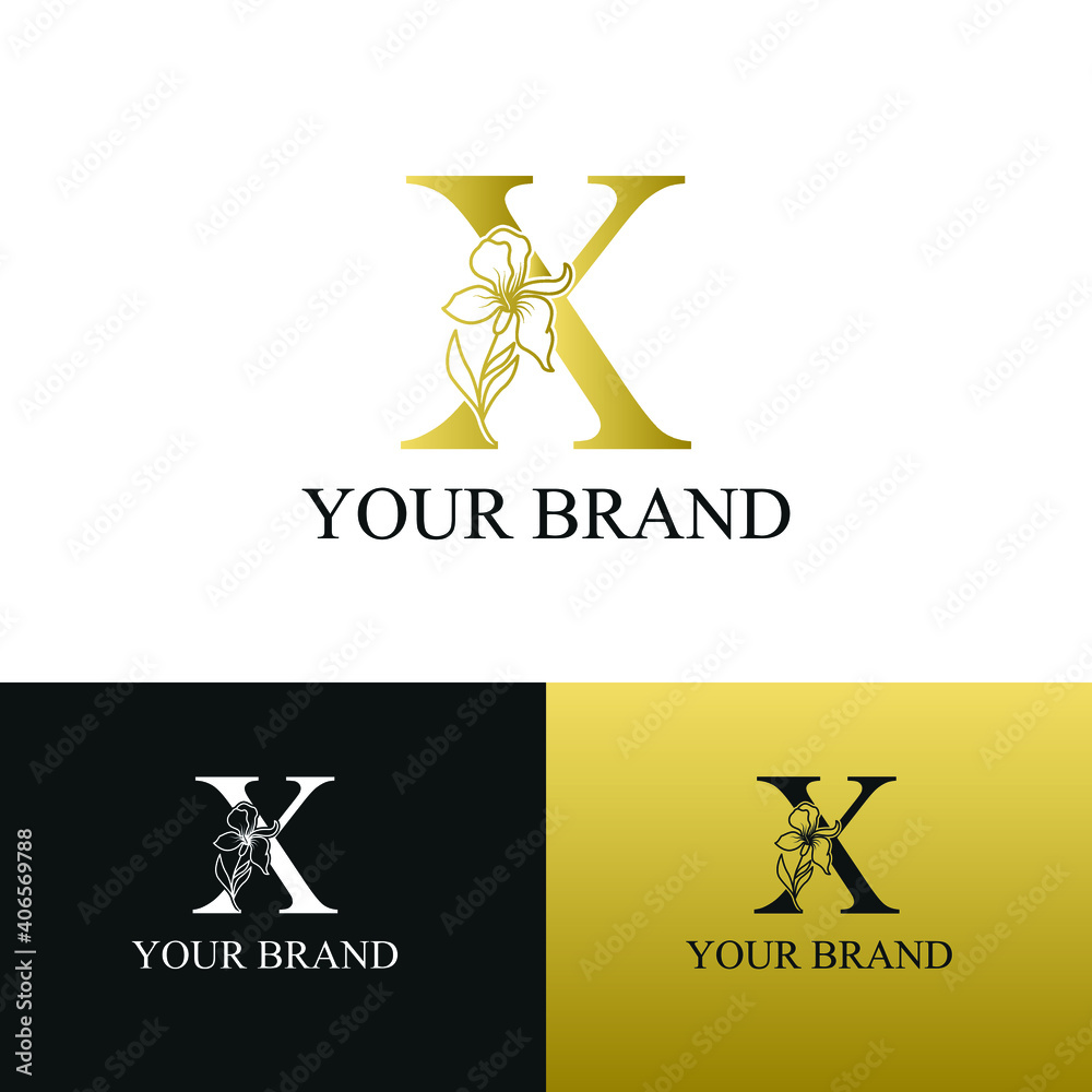 Golden Luxury Initial letter X with February Iris flower for cosmetic, Jewelry, boutique, hotel logo concept vector Golden Luxury Initial letter X with February Iris flower for cosmetic, Jewelry, boutique, hotel logo concept vector