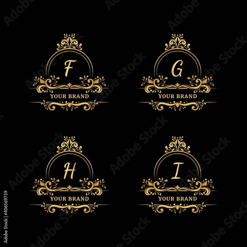 Initial letter F, G, H, I with leaf logo vector concept element, letter F, G, H, I logo with floral ornament. Square natural frame badge.