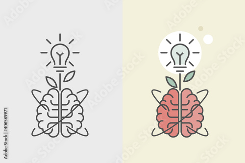 Human brain and light bulb icon. New creative idea concept. Flat style. Isolated.