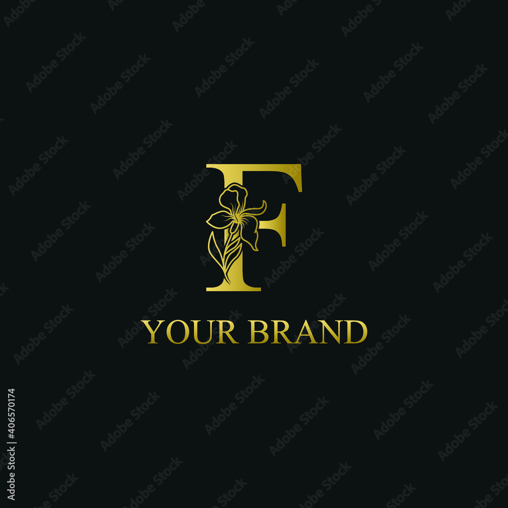 Golden Luxury Initial letter F with February Iris flower for cosmetic, Jewelry, boutique, hotel logo concept vector