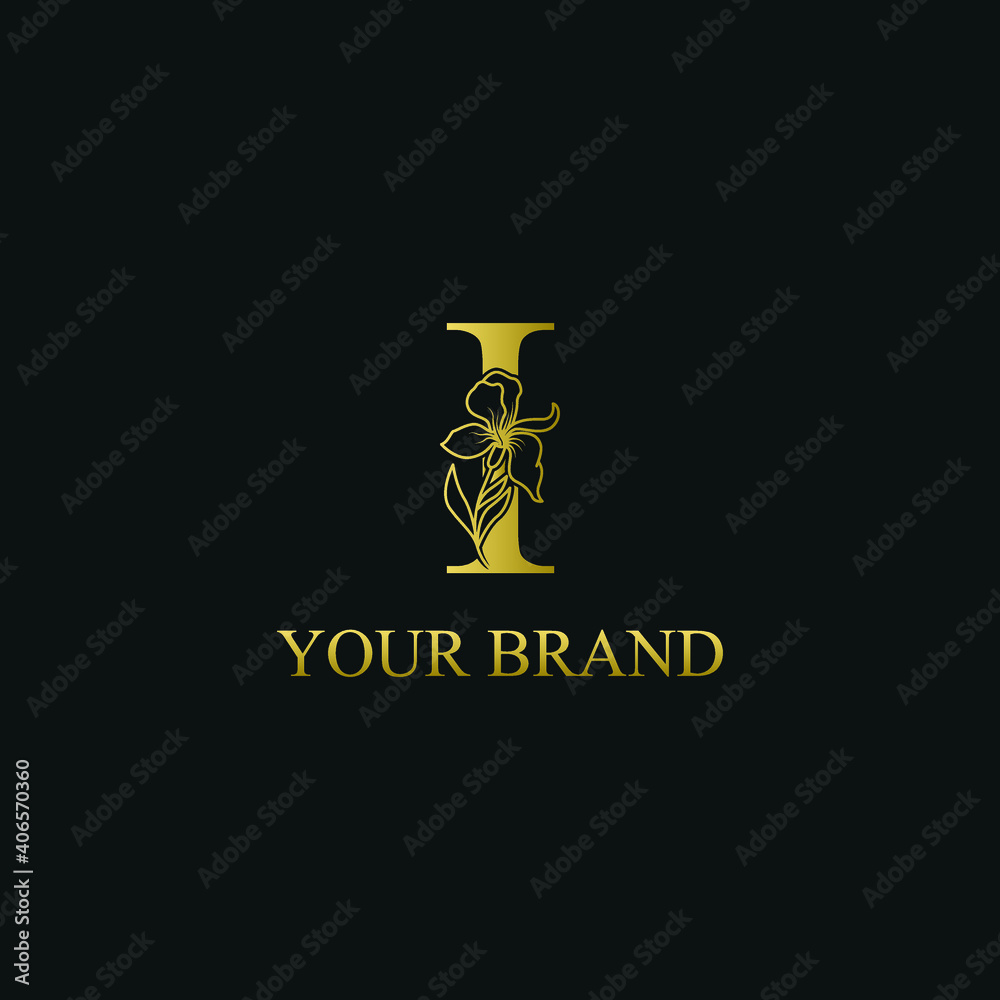 Golden Luxury Initial letter I with February Iris flower for cosmetic, Jewelry, boutique, hotel logo concept vector