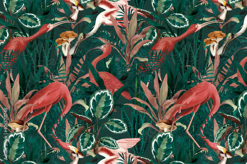Fototapeta Naklejka Na Ścianę i Meble -  Flamingo pattern background jungle illustration