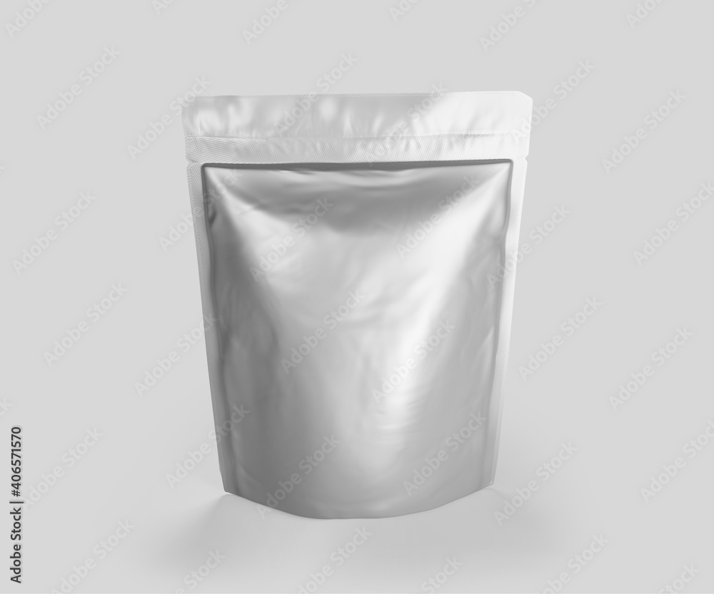 Blank Foil plastic pouch coffee bag, 3d rendering isolated on light  background. Packaging template mockup, Aluminium coffee or juice package.  Stock Photo | Adobe Stock