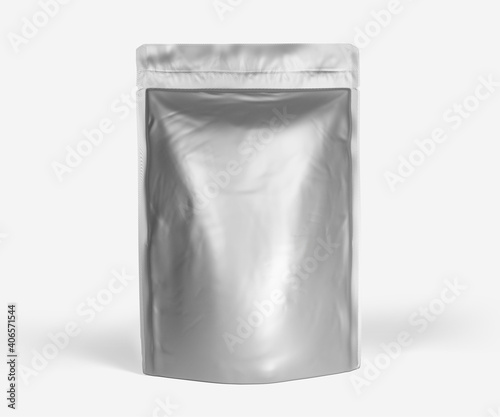 Blank Foil plastic pouch coffee bag, 3d rendering isolated on light background. Packaging template mockup, Aluminium coffee or juice package. photo