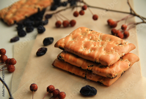 delicious crunchy cookies cracker with raisins photo