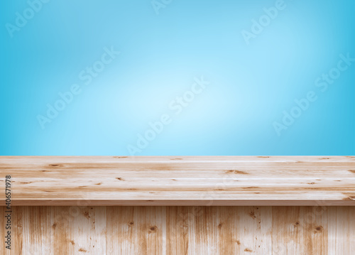 Vector wooden deck table top on blurred blue clean background, Display or montage your products