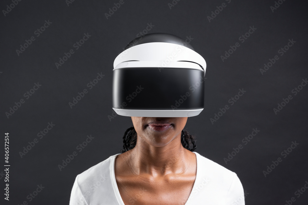 African American woman in virtual reality glasses smart technology African American woman in virtual reality glasses smart technology