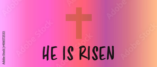 He is risen easter vector with cross panorama background with pink, purple, orange spring colours.
