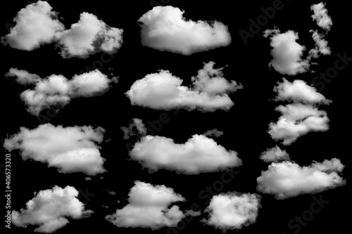 Group of clouds white for design on a isolated elements black background.