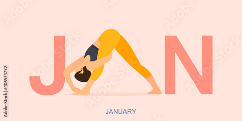 Yoga pose for January banner. Yoga, Asana posture for calendar header template. Women exercising for body stretching in Month of Good Health concept. 