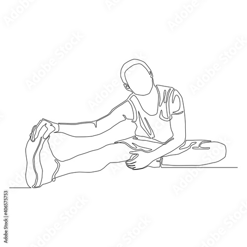 Fototapeta Naklejka Na Ścianę i Meble -  Continuous drawing line of man stretching his right leg vector. warm up before exercise.