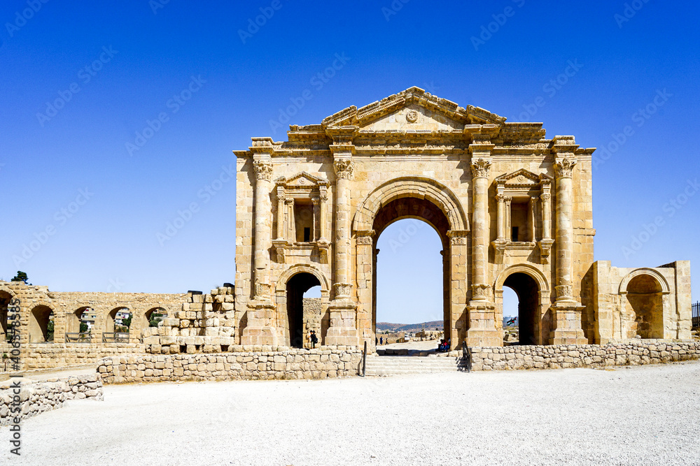 Jordan, Amman, the Hadrians Arch is the entrance portal of the roman city of Jerash or Gerasa.