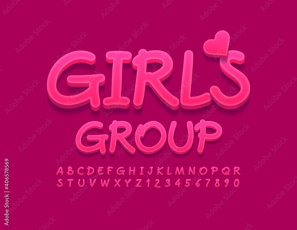 Vector bright logo Girls Group with Heart Decoration. Pink creative Font. Artistic Alphabet Letters and Numbers set