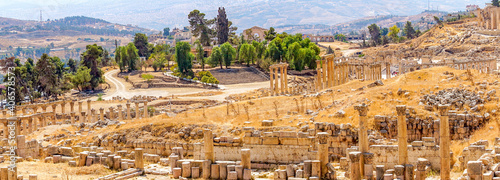 Jordan, panoramic view on the ruins of Jerrash or Gerasa. Colonnaded street. 