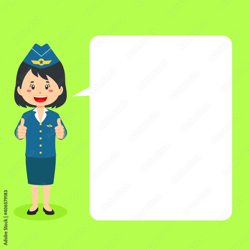 Stewardess Character Making Thumb Up with Speech Bubbles