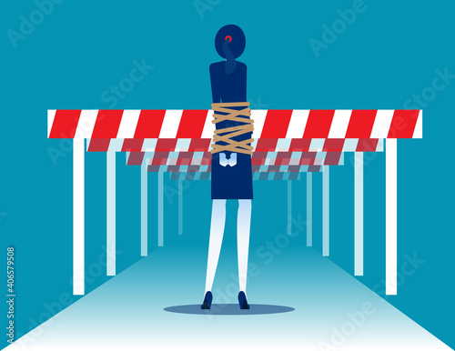 Bound by a rope to body and obstacle on the way forward. Forced to face obstacles
