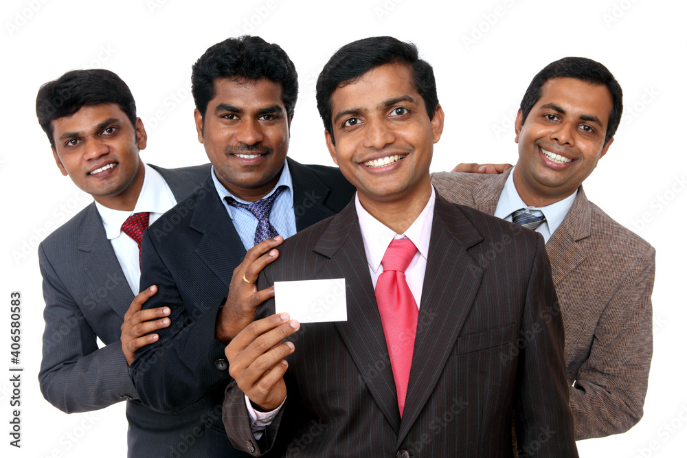 Group of Business people showing blank business card Isolated on white. Group of Business people showing blank business card Isolated on white.