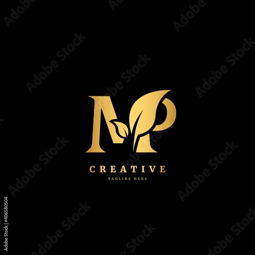 Initial letter MP with leaf logo vector concept element, letter MP logo with organic leaf photo