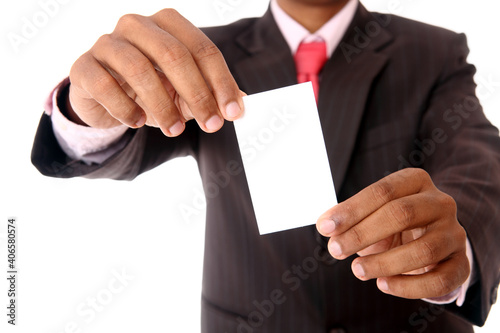 Business man handing a blank business card Isolated on white