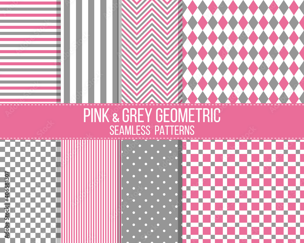 pink and grey geometrical seamless patterns set