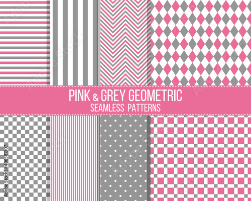 pink and grey geometrical seamless patterns set