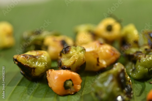 Burnt habanero peppers for typical Yucatecan sauce, Mexico