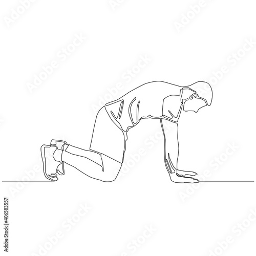 Continuous drawing line of man crawling, put knees and palms on the ground, breath out and lift up back curve as an arch. belly exercise concept vector